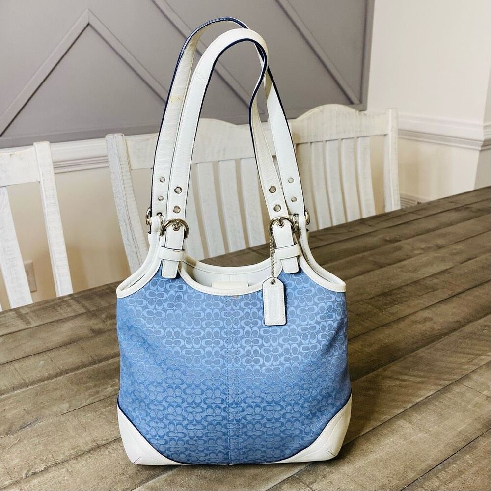 Coach Blue Canvas White Leather Trim Double Handles Shoulder Bag - Picture 2 of 10